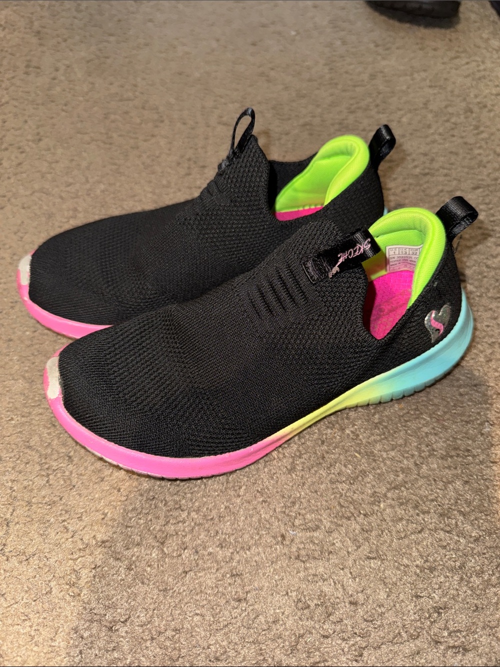 Kids Slip-On Athletic Shoes Black with Neon Pink & Green